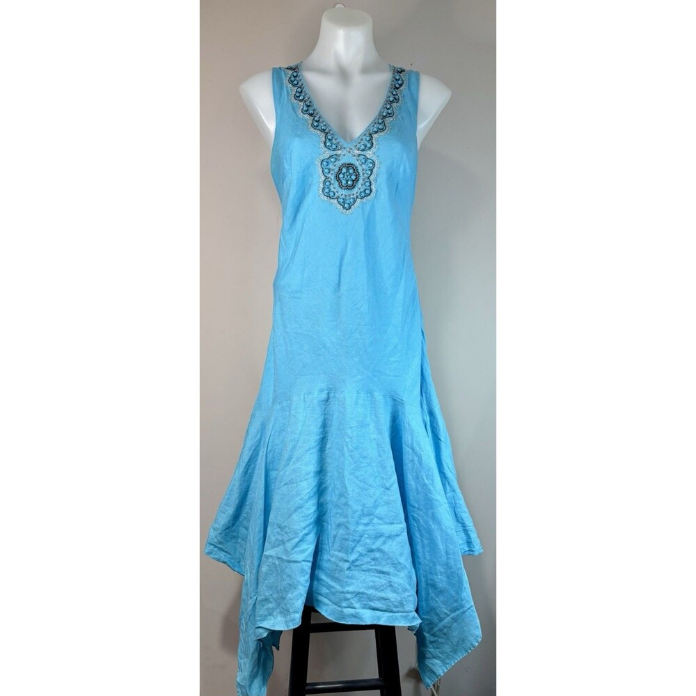 Rene Derhy Vintage Linen Long Sleeveless Dress Large Beaded Handkerchief Hemline